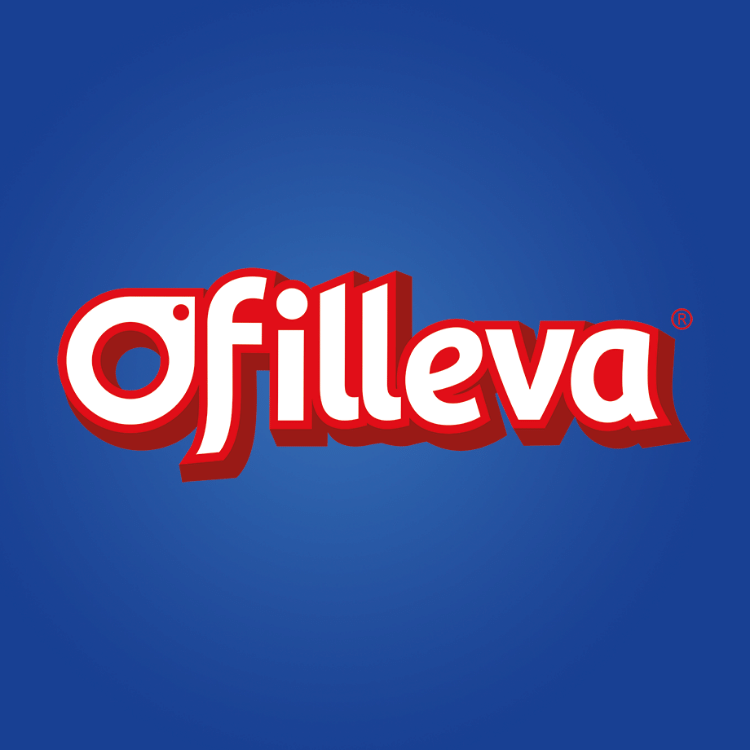 Un logotipo rojo y blanco para ofileva sobre un fondo azul.