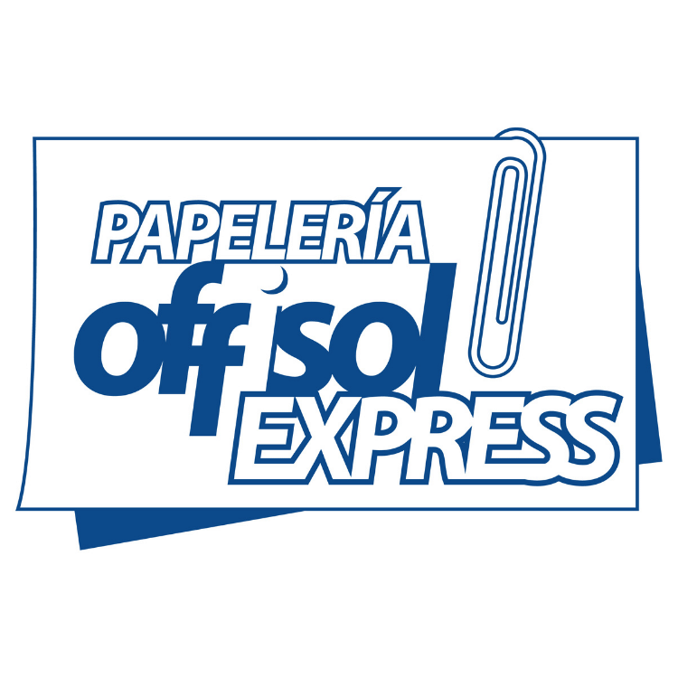 Un logotipo azul y blanco para la papelería off sol express.