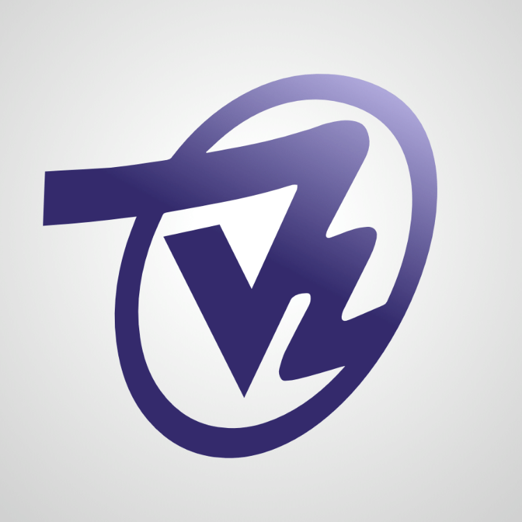 Un logotipo morado y blanco con la letra v en un círculo.