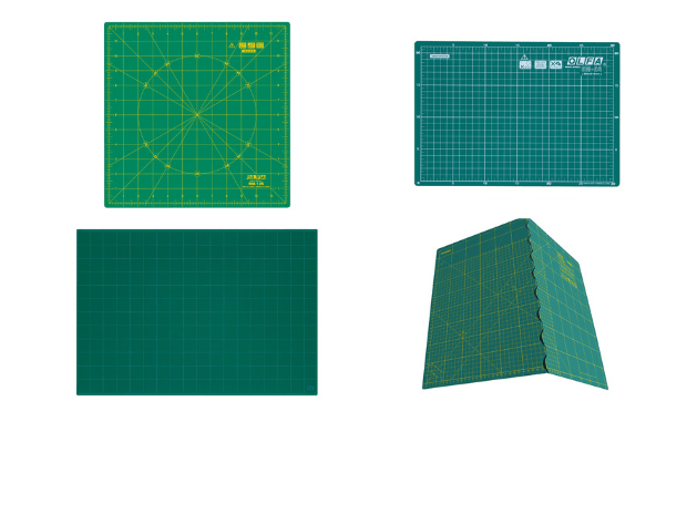 Cuatro tipos diferentes de tapetes de corte olfa  verdes sobre un fondo blanco