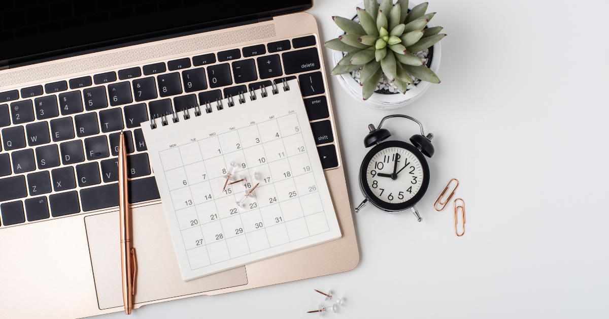 Laptop, calendar, pen, alarm clock, succulent plant, and paperclips on a white surface.