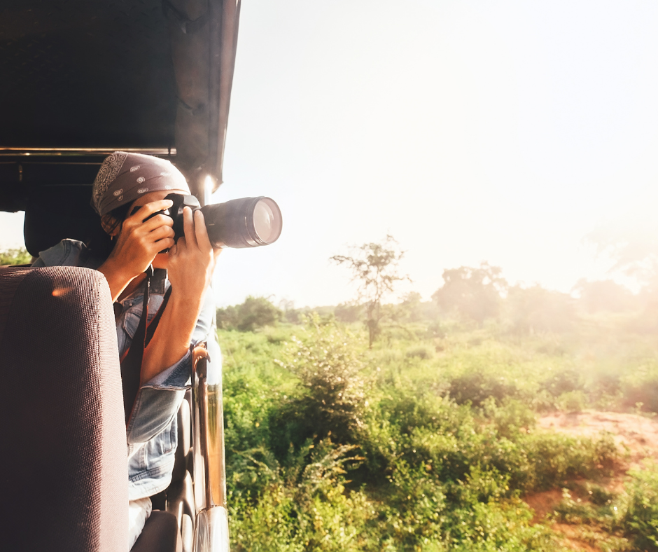 A woman on a photographic safari in an open game viewer