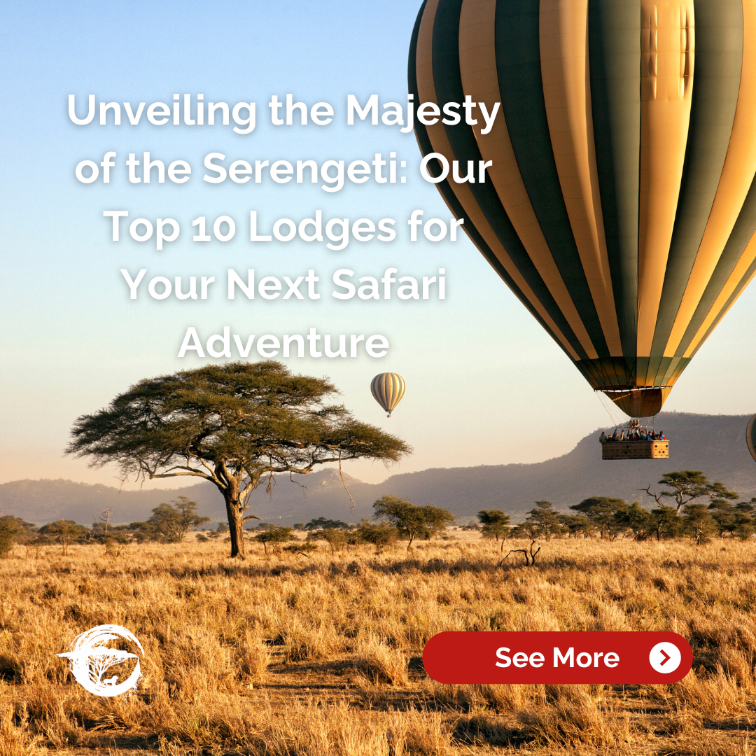 A hot air balloon is flying over Tanzania with a tree in the background.