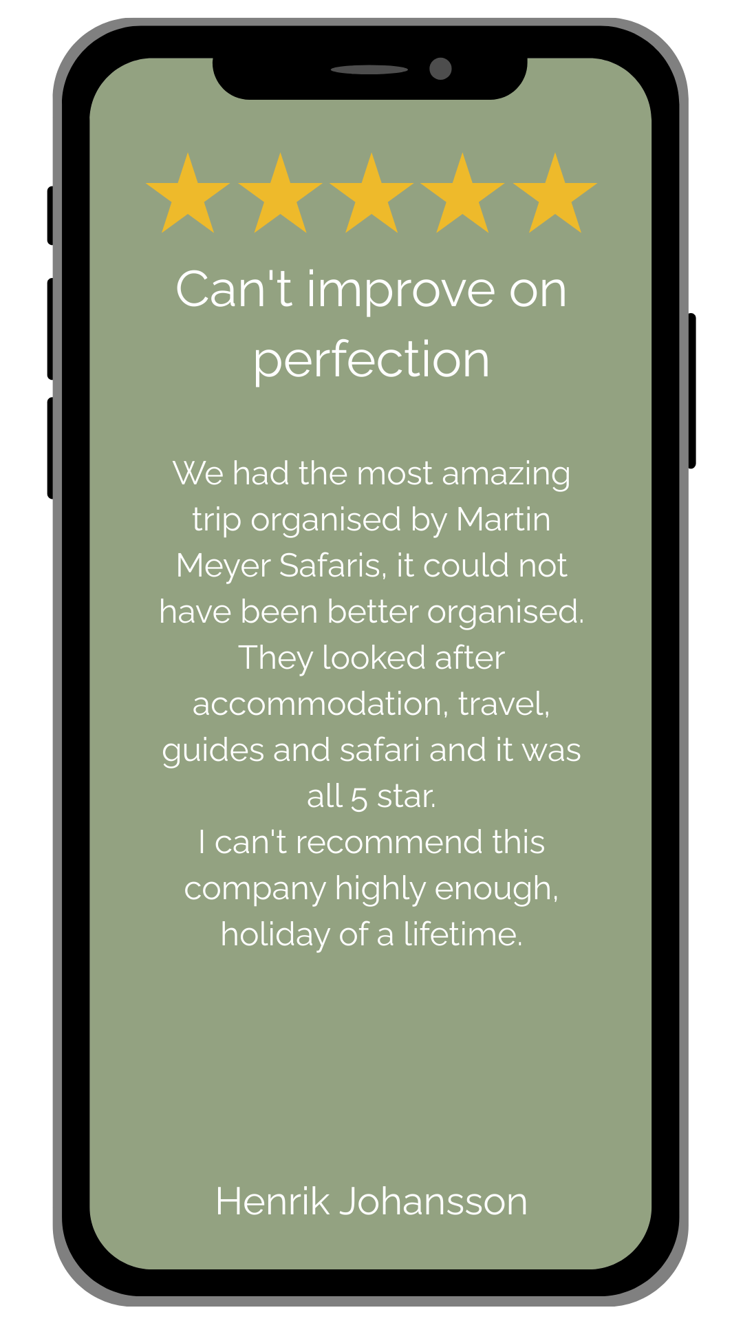 Smartphone screen displaying a 5-star review for Martin Moyo Safaris. 