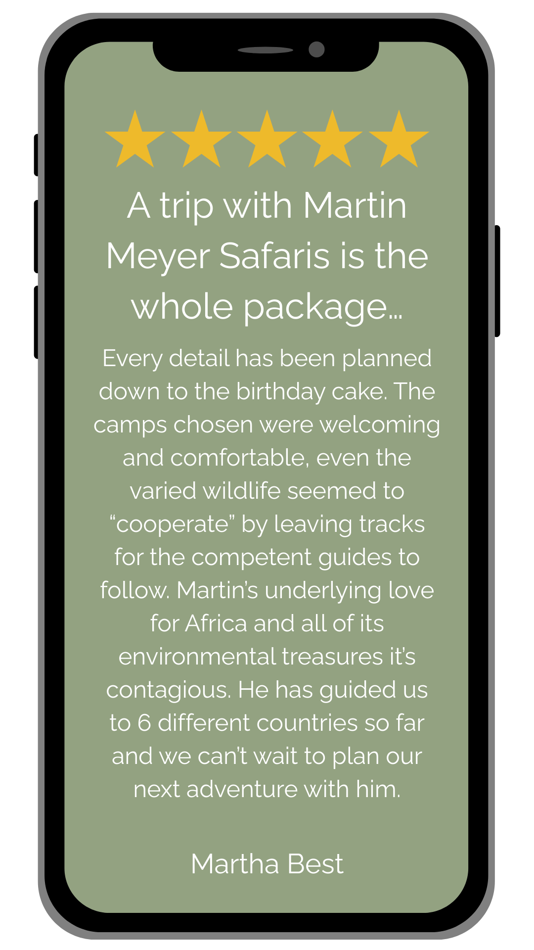 Smartphone screen with a five-star review for Martin Meyer Safaris, highlighting a personalized, memorable experience.