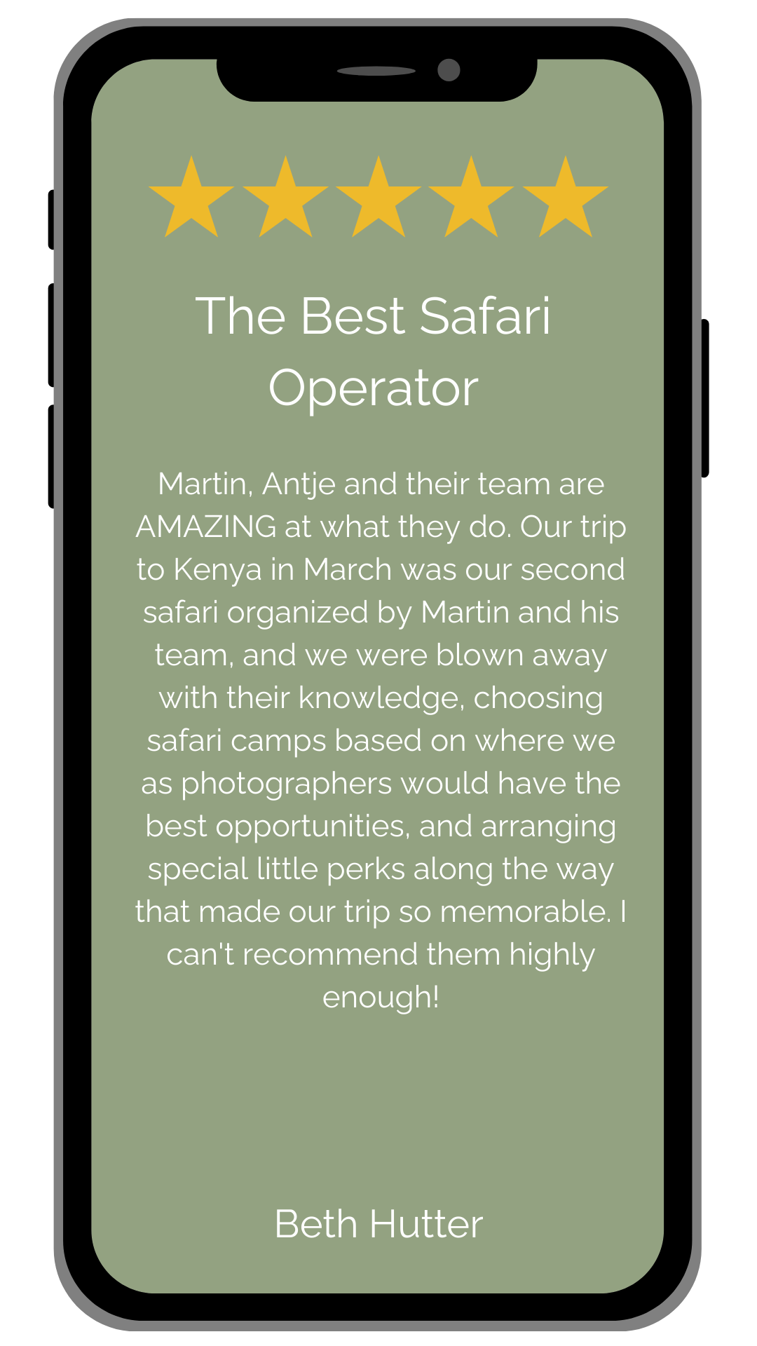Smartphone displaying a customer review: five-star rating, text praising a safari operator for an amazing trip to Kenya.