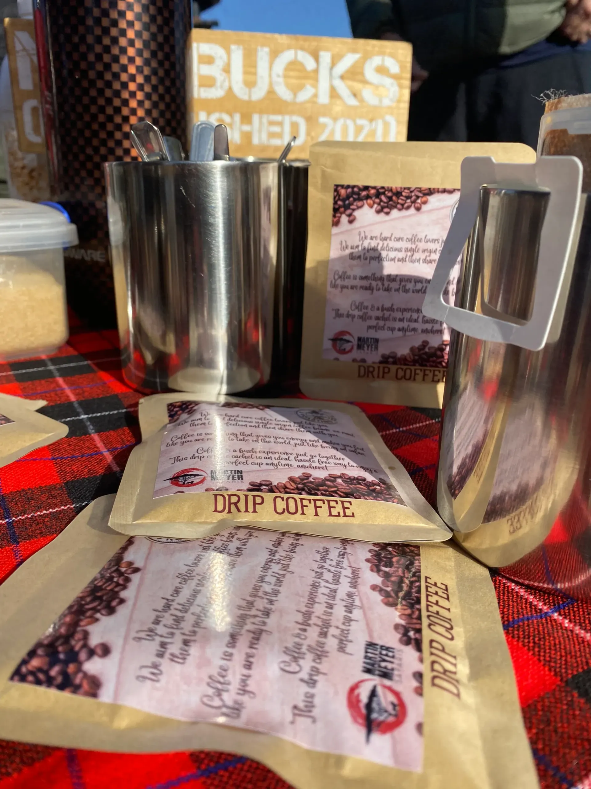 A table with a sign that says bucks on it