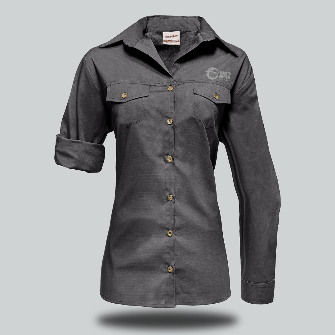 Charcoal-grey button-down work shirt with rolled-up sleeves and two chest pockets.