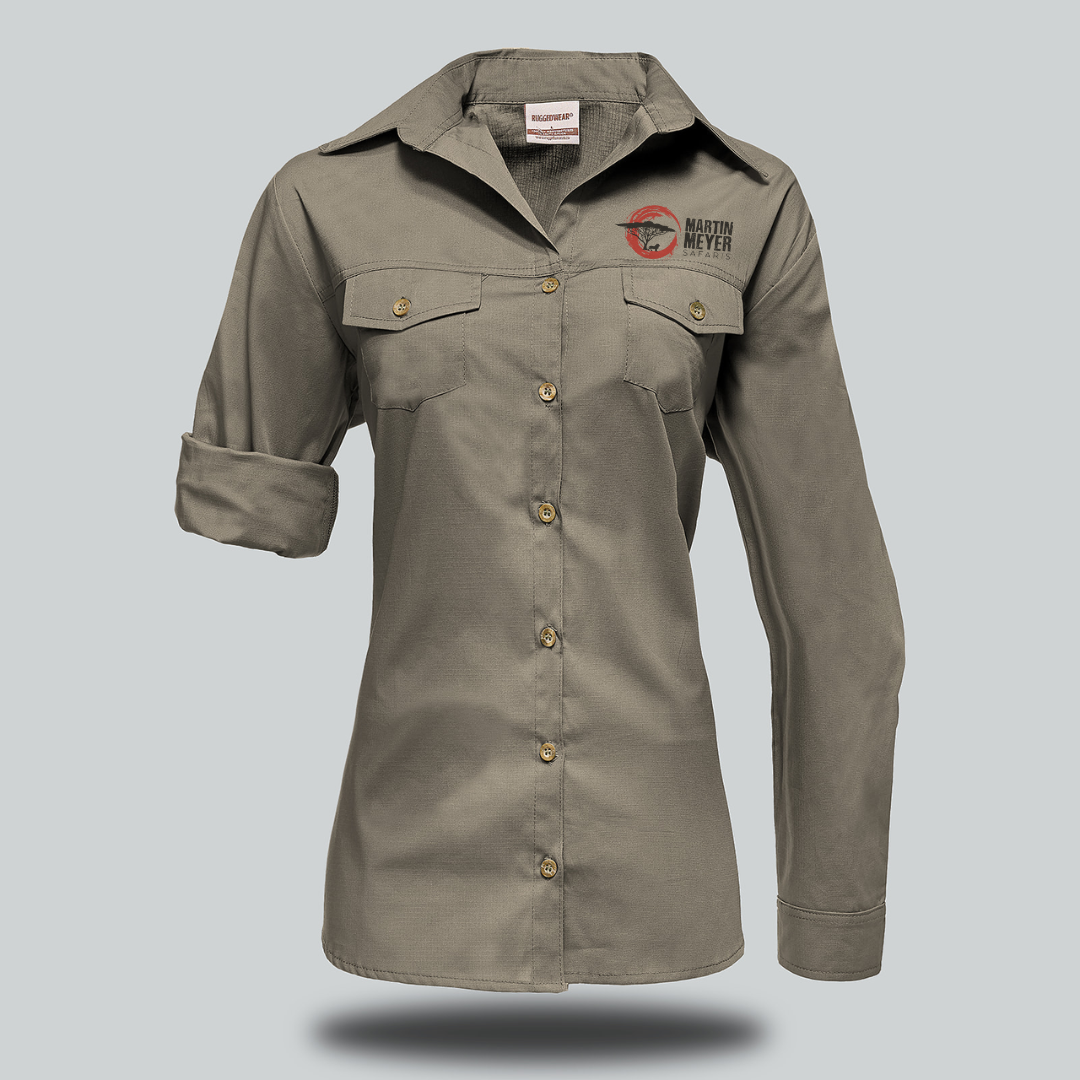 Charcoal-grey button-down work shirt with rolled-up sleeves and two chest pockets.