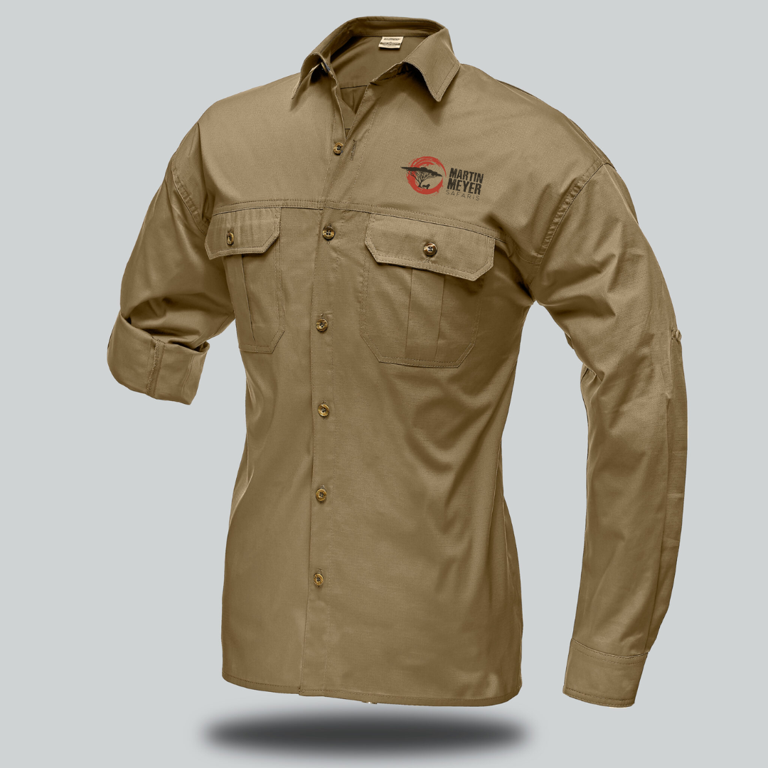 Khaki button-up work shirt with chest pockets; logo on the right chest; sleeves rolled up on one arm.