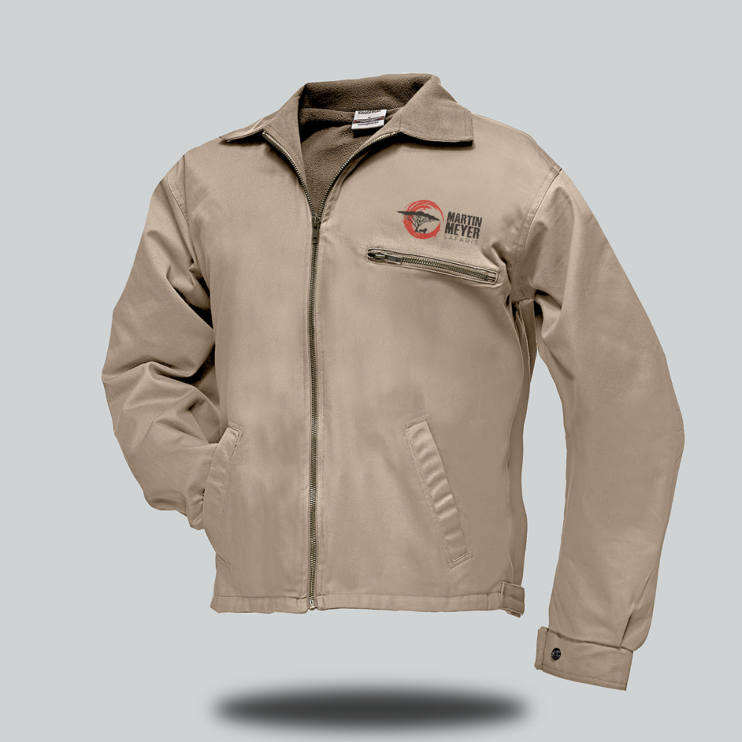 Beige work jacket with a logo on the chest, featuring a zipper closure and a collared neck.