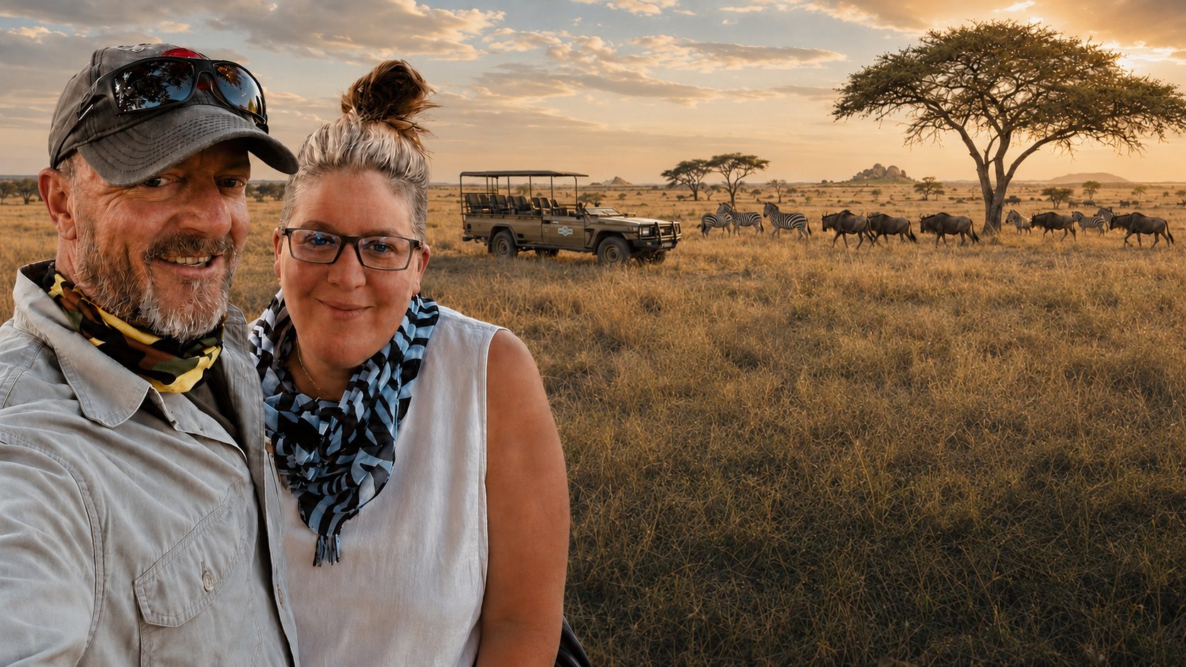 Two people smiling in a safari field at sunset, with a safari vehicle and acacia tree in the background.