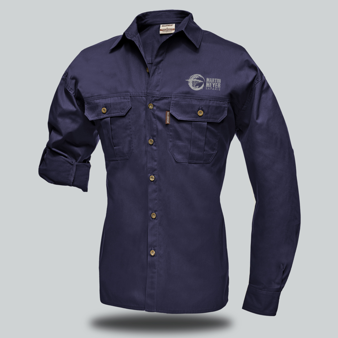 Navy blue work shirt with long sleeves, two chest pockets, and a logo on the left chest.