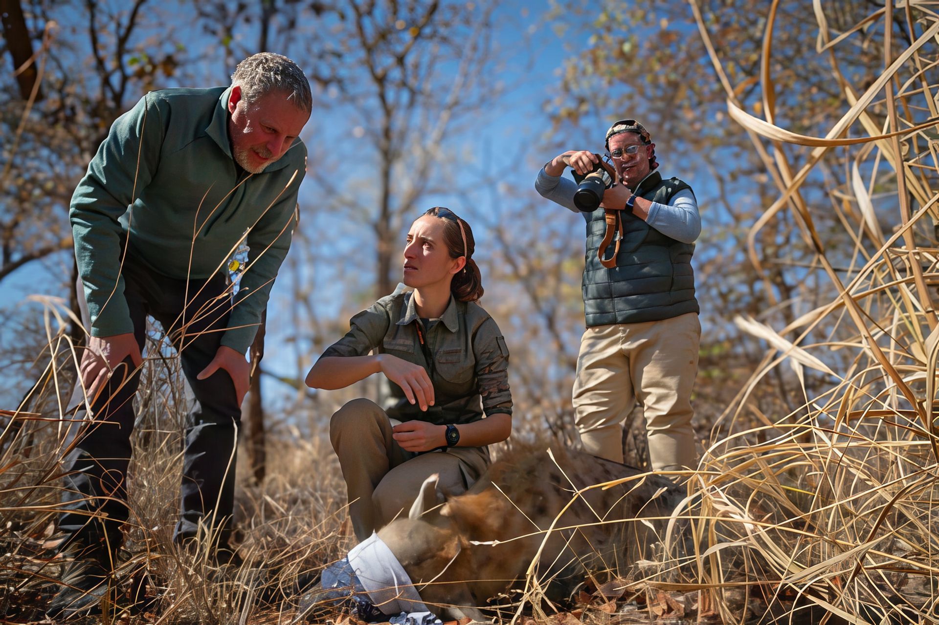 A darted Hyena lies in front of three people on a conservation safari.