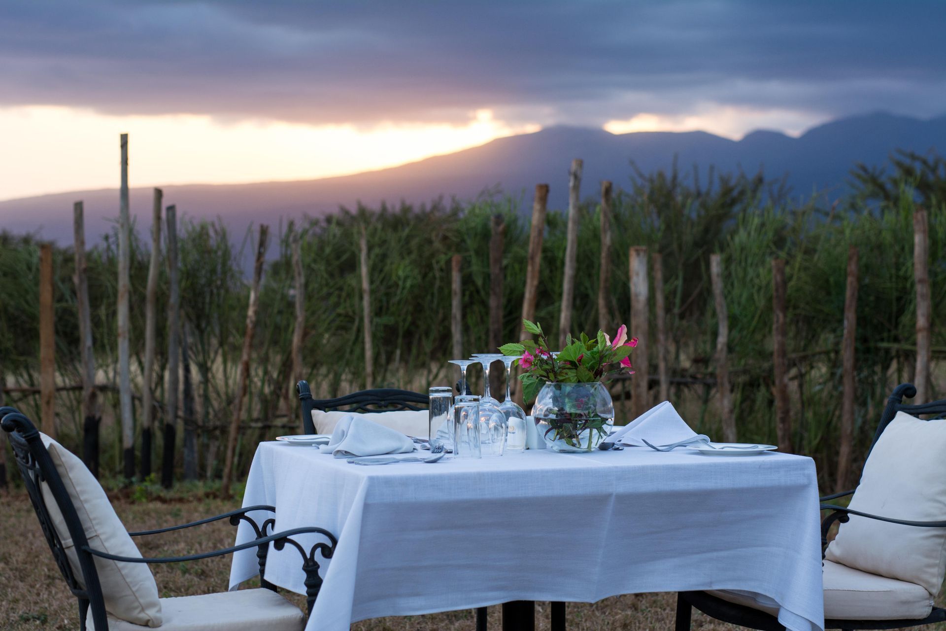 A table and chairs in a vineyard with mountains in the background Ngorongoro Crater