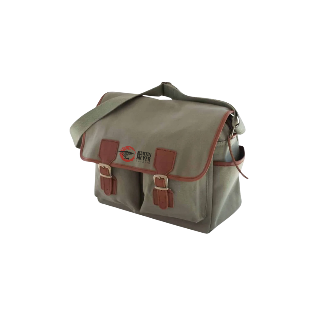 Green and brown messenger bag with buckles and a shoulder strap.