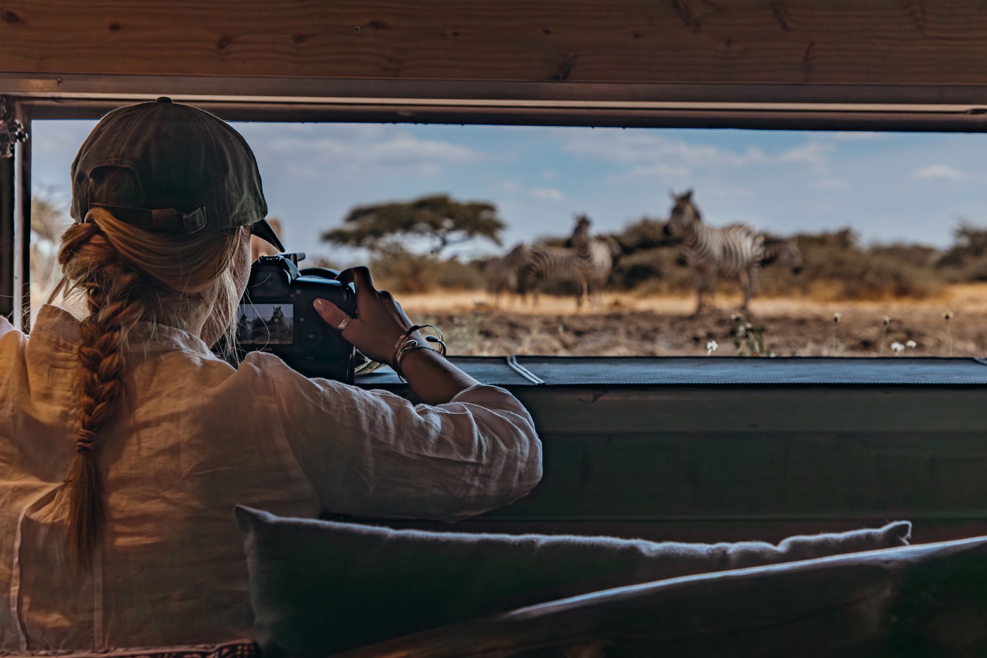 Woman photographing zebras from a safari vehicle. She wears a hat and white shirt, set in a grassy landscape.