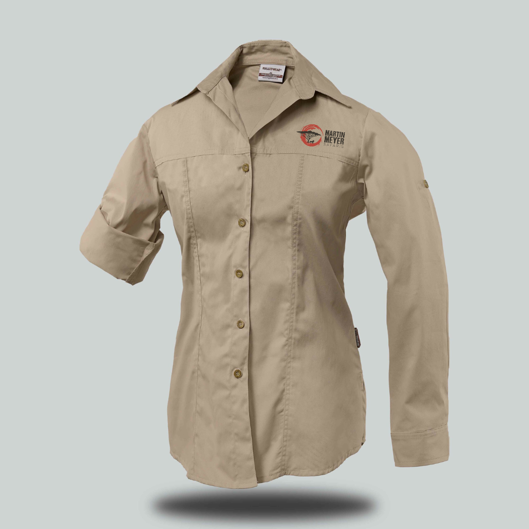 Khaki button-down shirt with rolled-up sleeves, a collar, and a logo on the upper left chest.