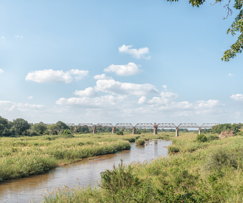 River flowing under a steel bridge; grassy banks, blue sky with clouds.