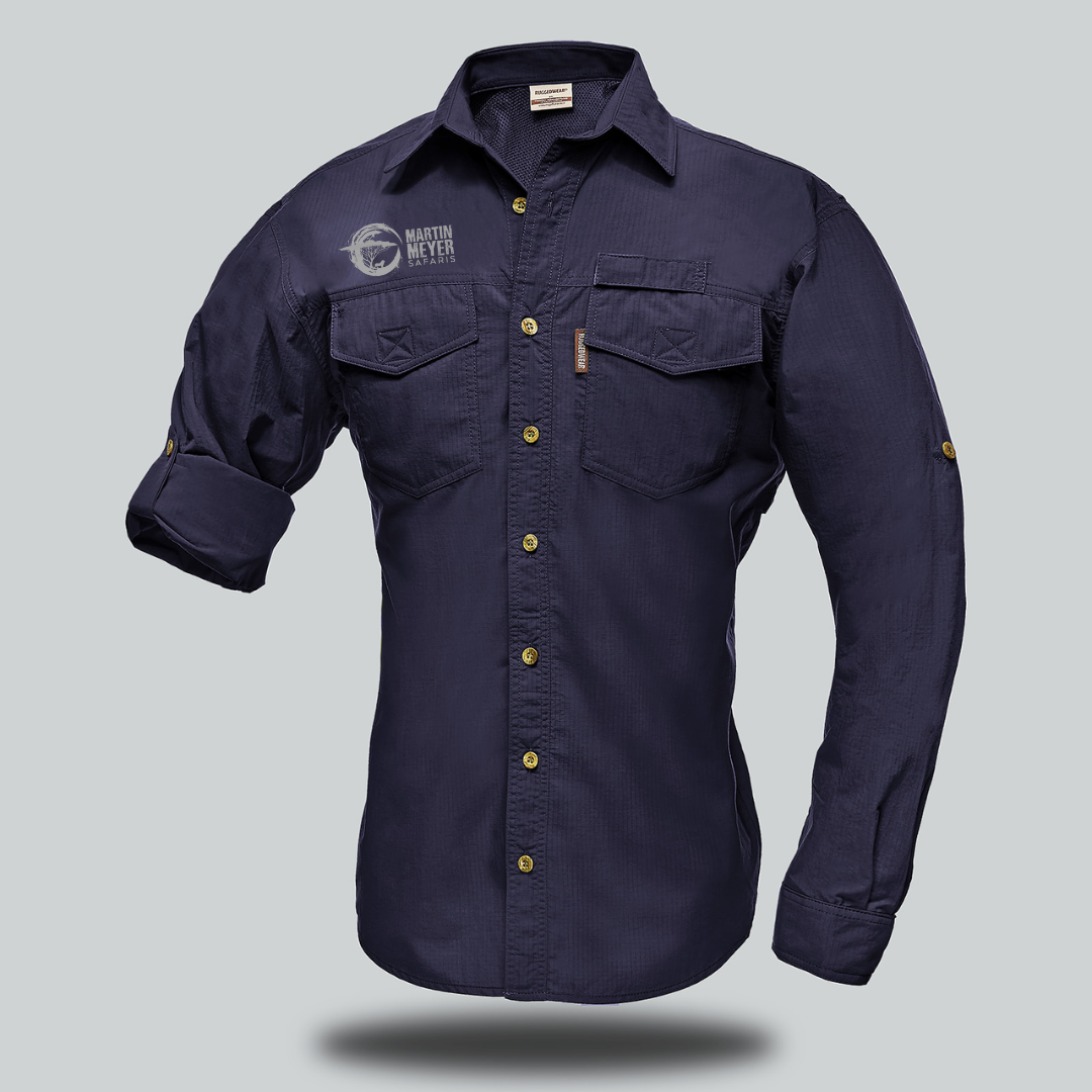 Navy blue long-sleeved work shirt with two front pockets, gold buttons, and logo on the left breast.