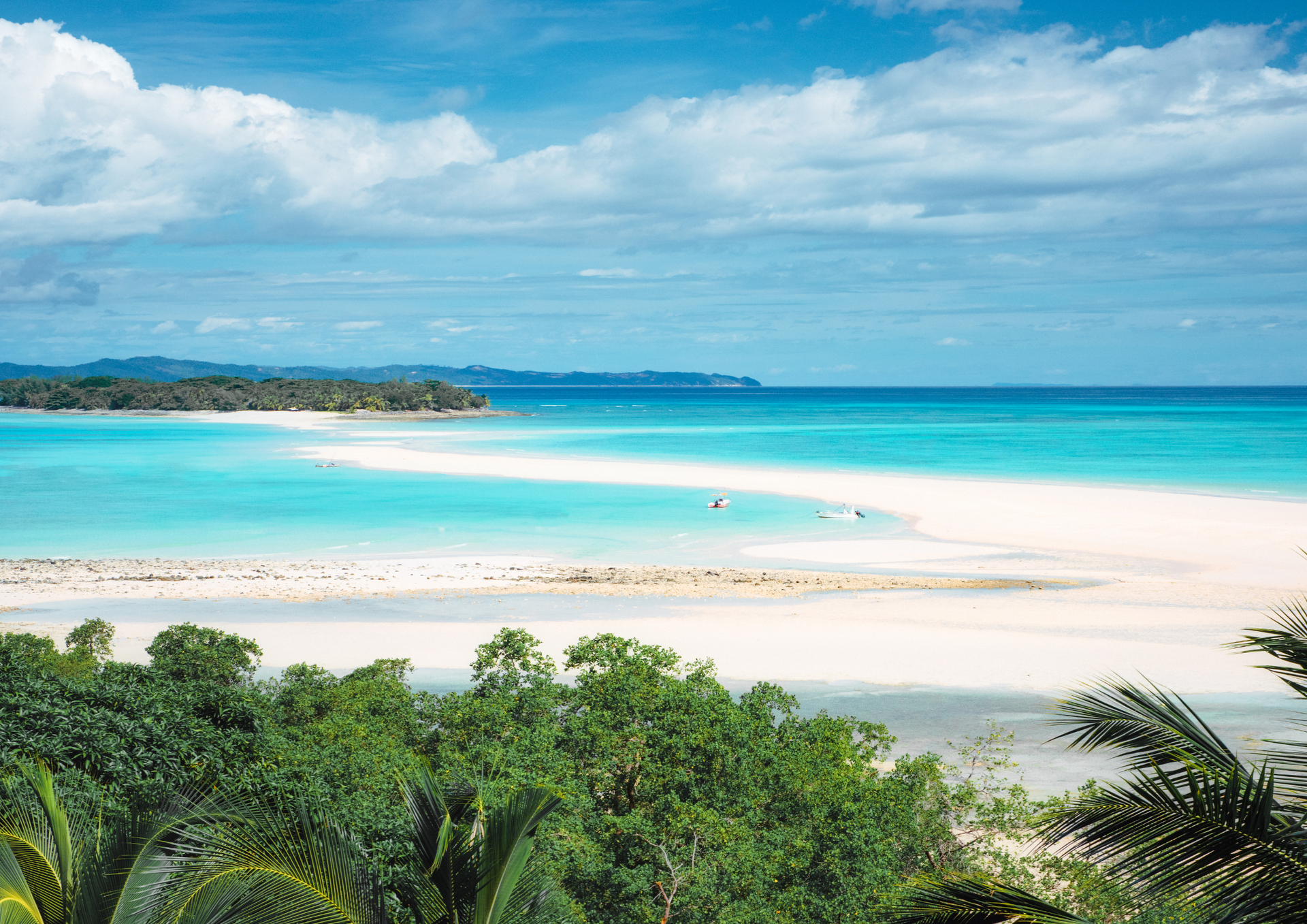 A view of a tropical beach with trees in the foreground and the ocean in the background Madagascar