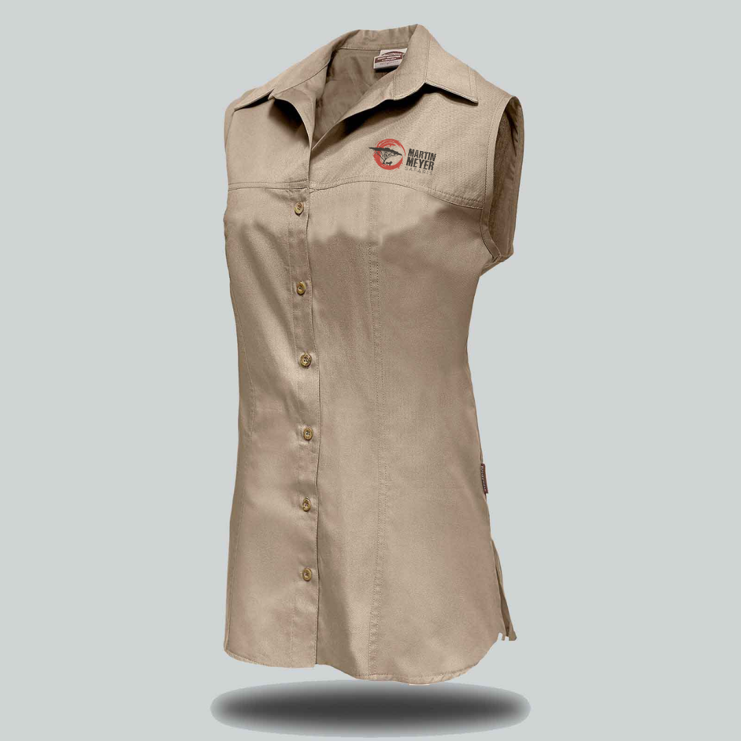 Sleeveless button-down shirt in olive-green with a logo on the chest.