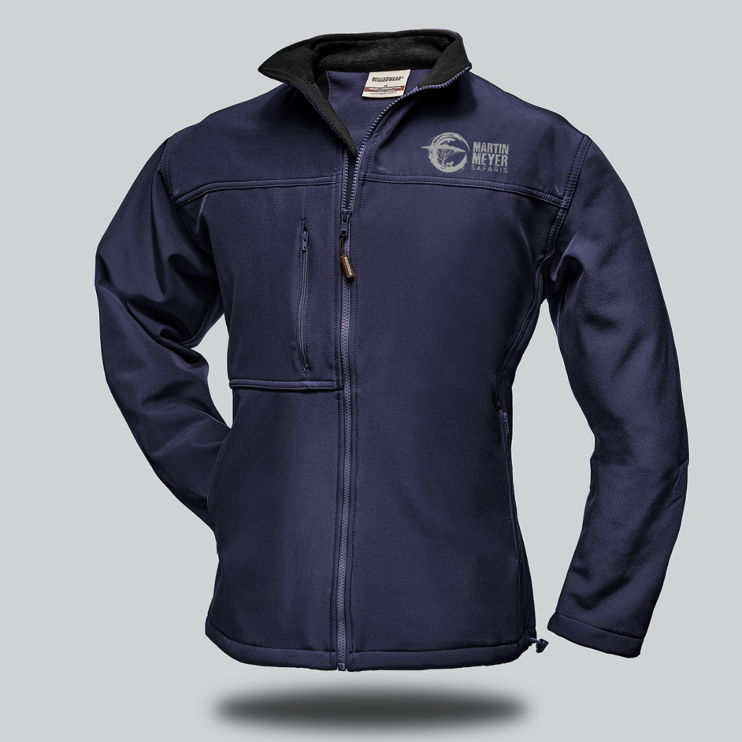 Navy blue softshell jacket with a zip-up front and a logo on the upper right chest.