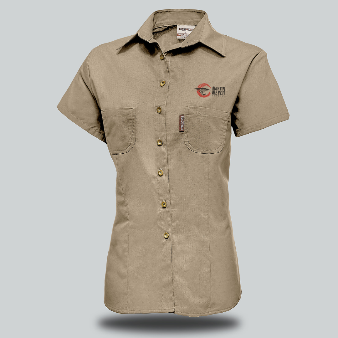A short-sleeved olive-green button-down shirt with a logo on the chest pocket.