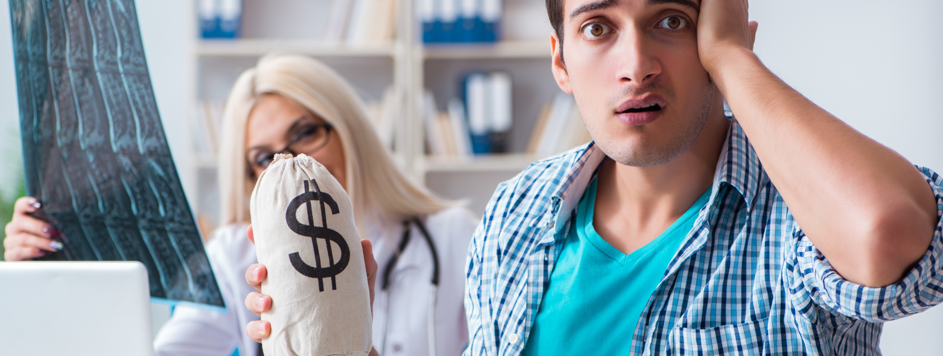 A doctor holds an x-ray and a money bag, looking at a shocked patient in an office.