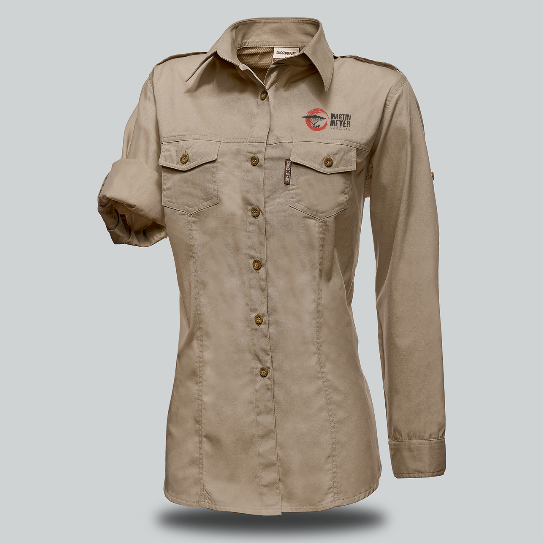 Khaki-colored button-down shirt with rolled-up sleeves, a logo on the chest, and two front pockets.