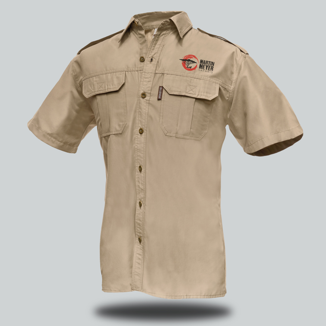 Khaki short-sleeved button-up shirt with two chest pockets and a small logo on the chest.