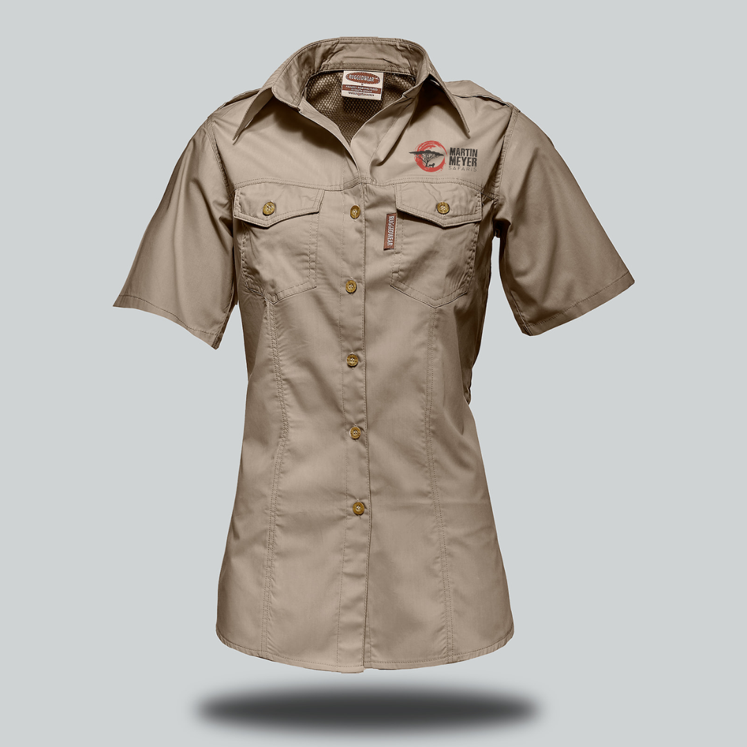 Tan short-sleeved button-up shirt with two chest pockets and a logo on the left side, likely a work uniform.