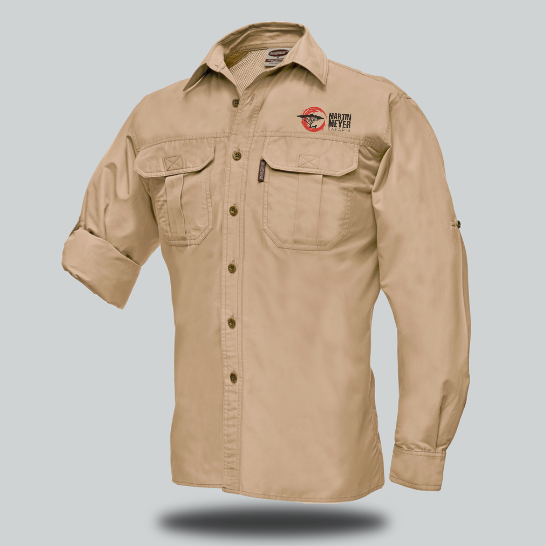 Olive-green long-sleeved button-up shirt with two chest pockets and a logo on the left breast.
