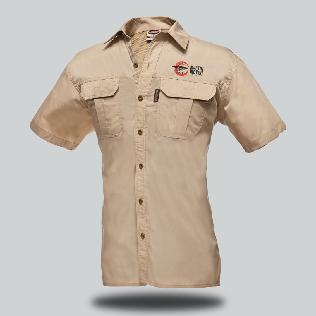 Khaki short-sleeved button-up shirt with two chest pockets and a logo on the front.