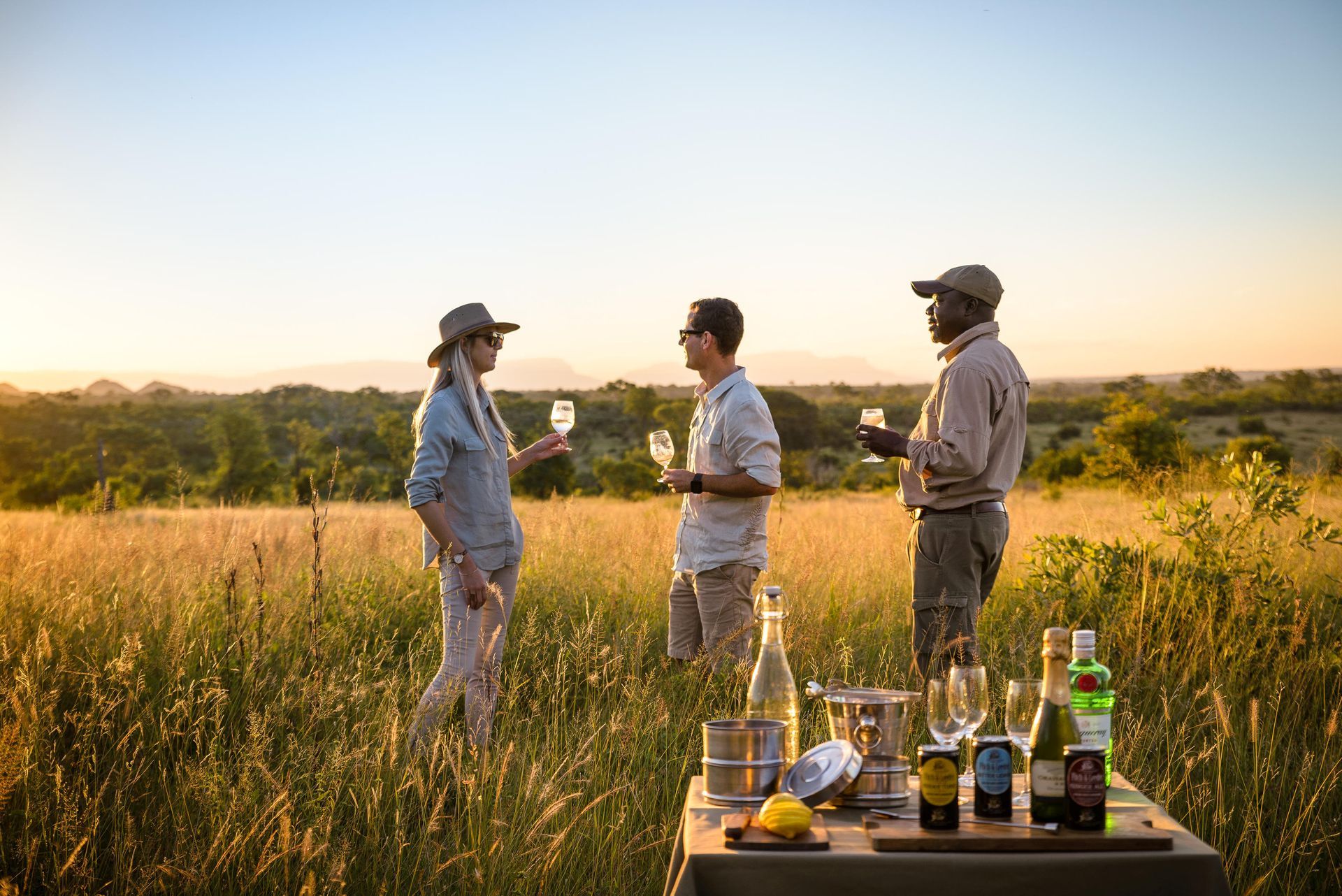 Three people toasting drinks in a grassy field, with a table of beverages, at sunset.