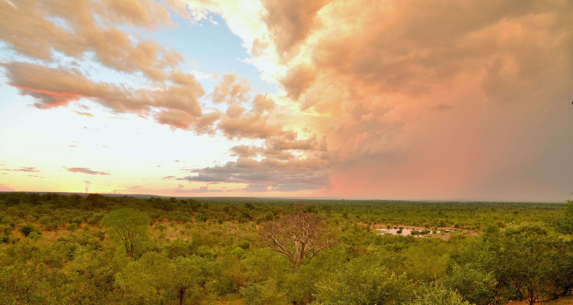 Overhead view of a grassy landscape under a cloudy, dramatic sky at sunset, with a hint of a rainbow.