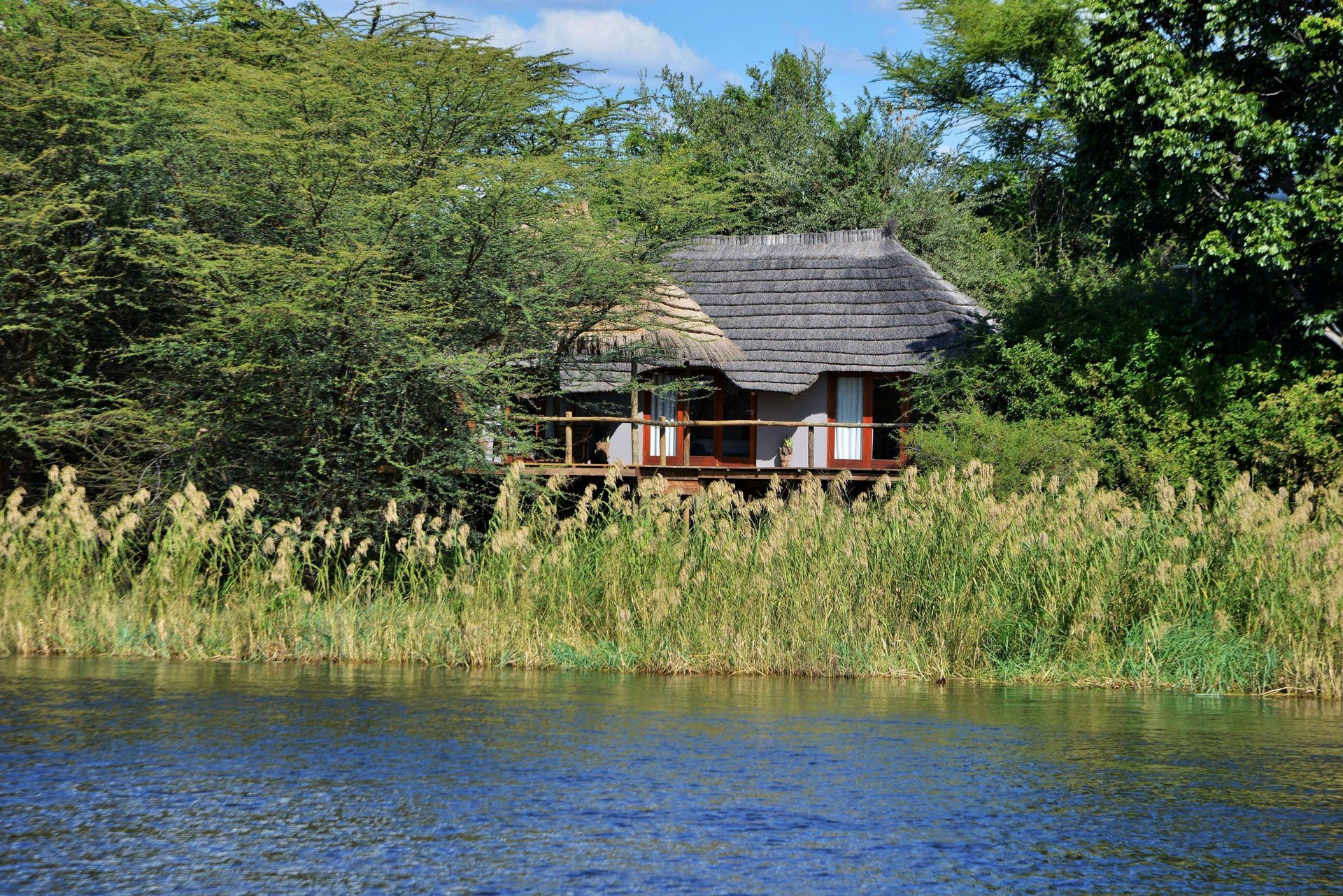 Small wooden cabin with a thatched roof, partially hidden by trees and reeds, overlooking a blue body of water.