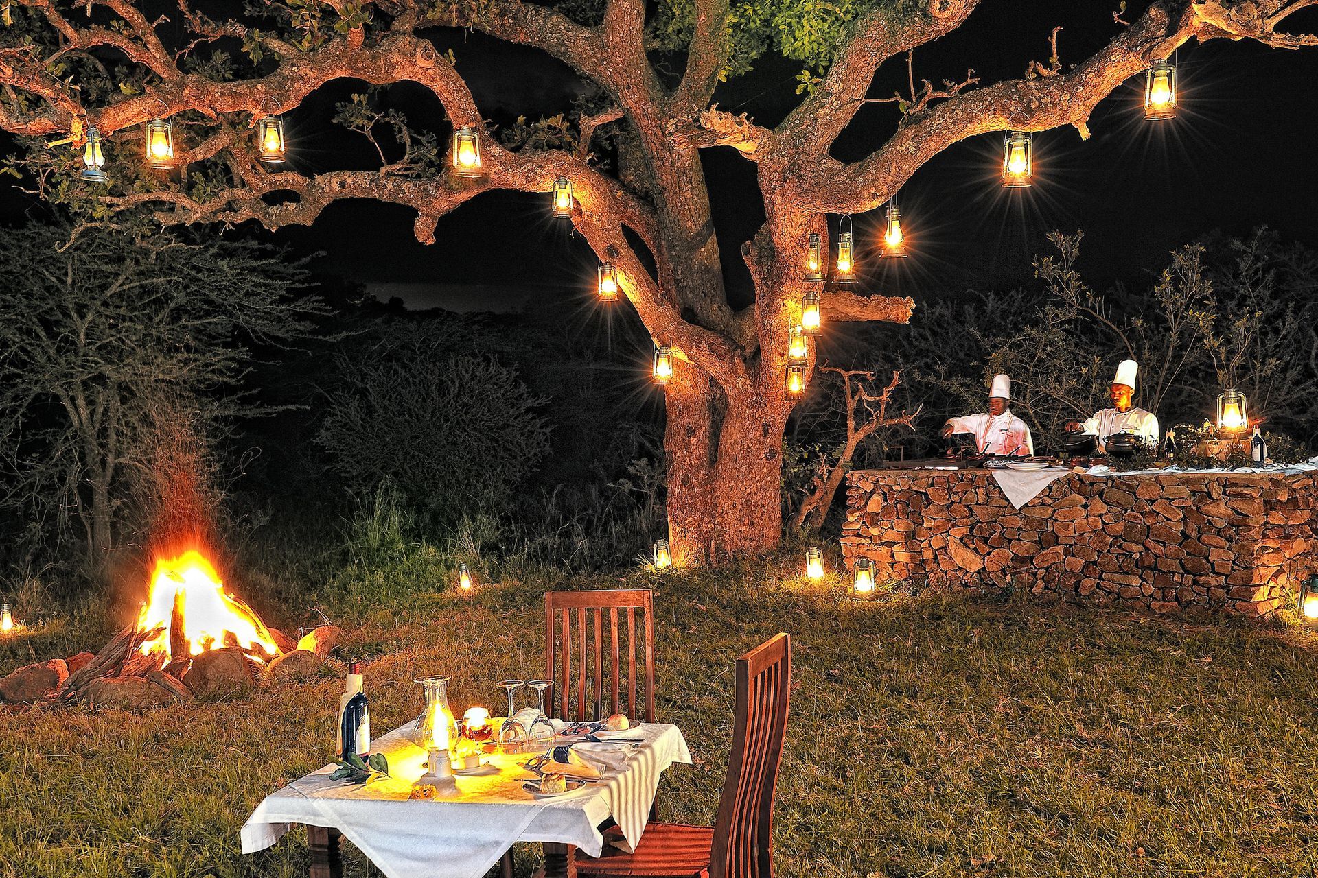 Romantic outdoor dinner setting under a lit tree, with a bonfire and chefs preparing food.