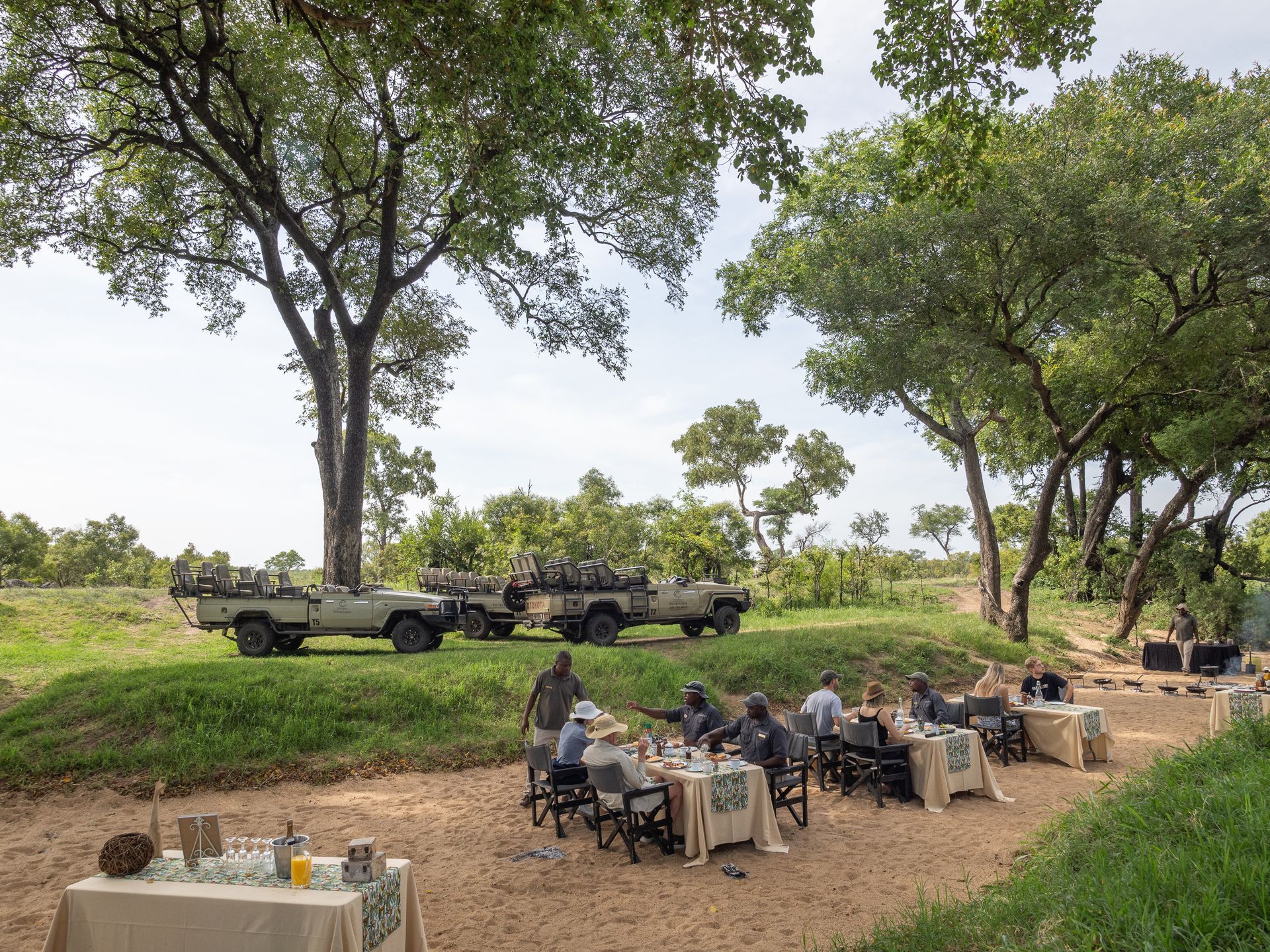 People dining at tables in a clearing, with military vehicles in the background, under trees, in a grassy field.
