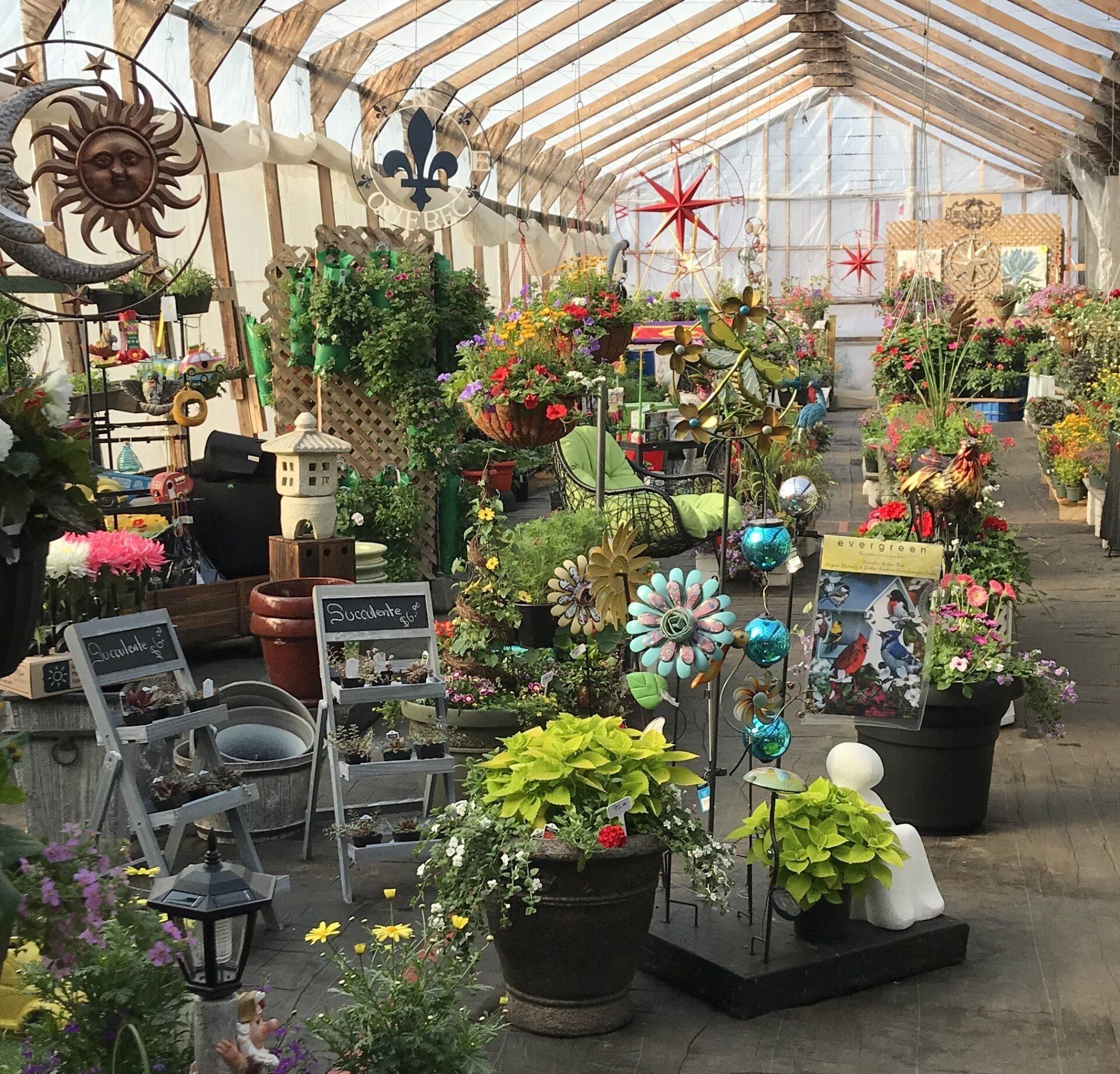 Intérieur d'une serre remplie de plantes en pot, de fleurs et d'éléments de décoration de jardin. Poutres en bois et toit en verre.