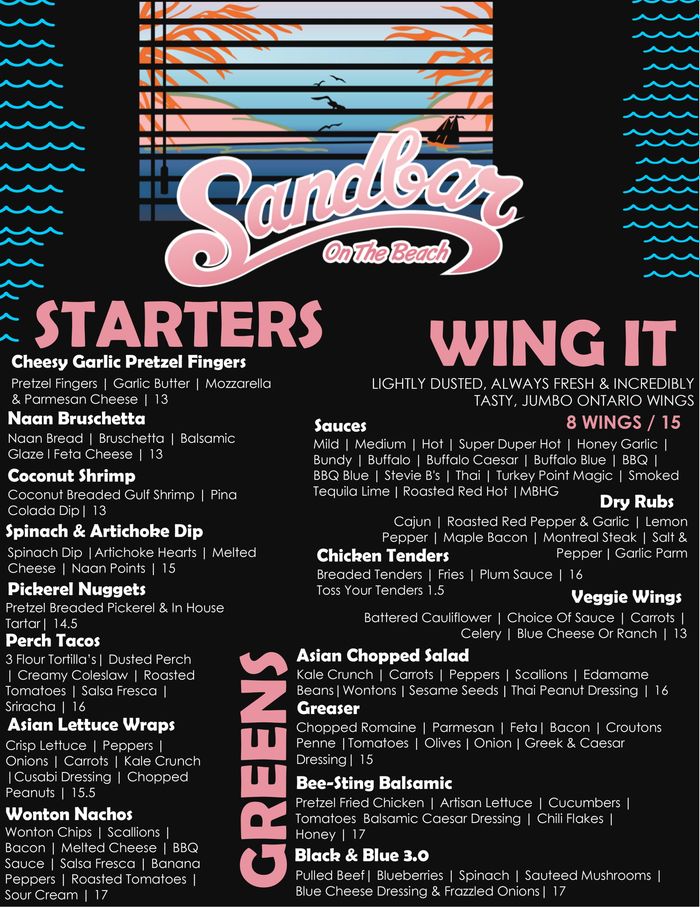 Sandbar On The Beach Menu