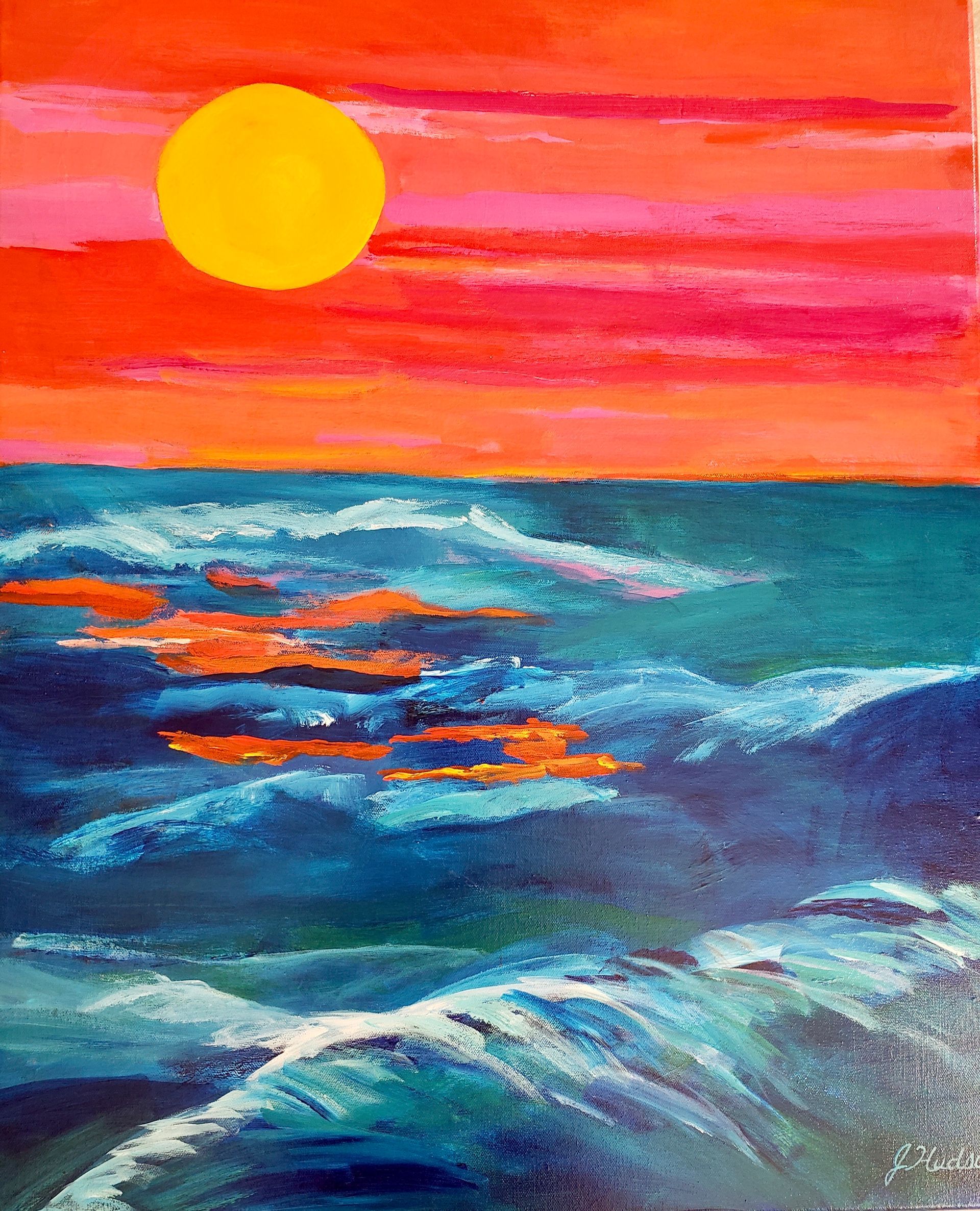 Vibrant ocean sunset: orange sky, yellow sun, blue waves, orange reflections.