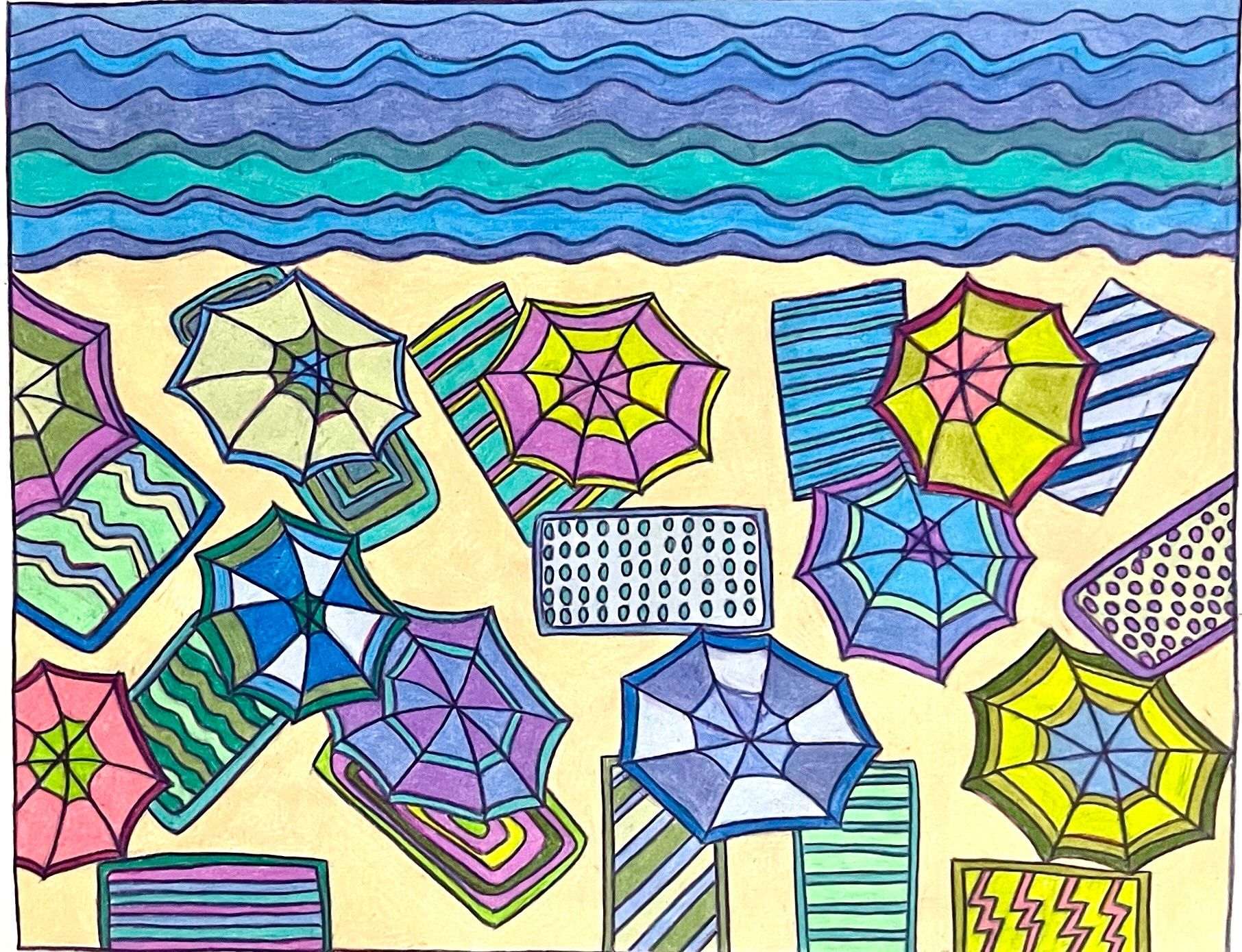 Beach scene: Colorful umbrellas, towels, and waves; vibrant colors; sunny day.