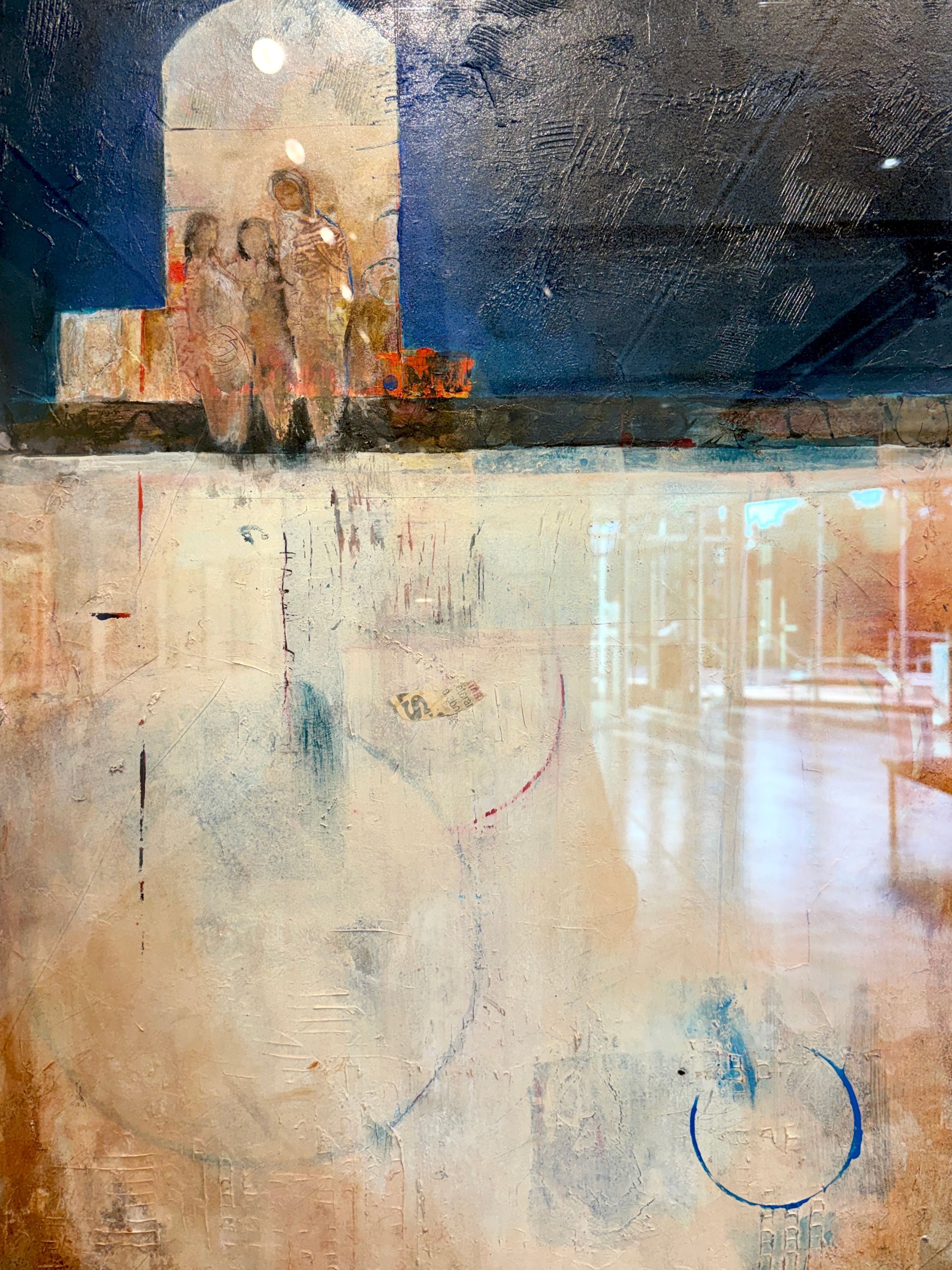 Figures near an arched doorway against a blue and beige, textured background. Reflections in the bottom half.