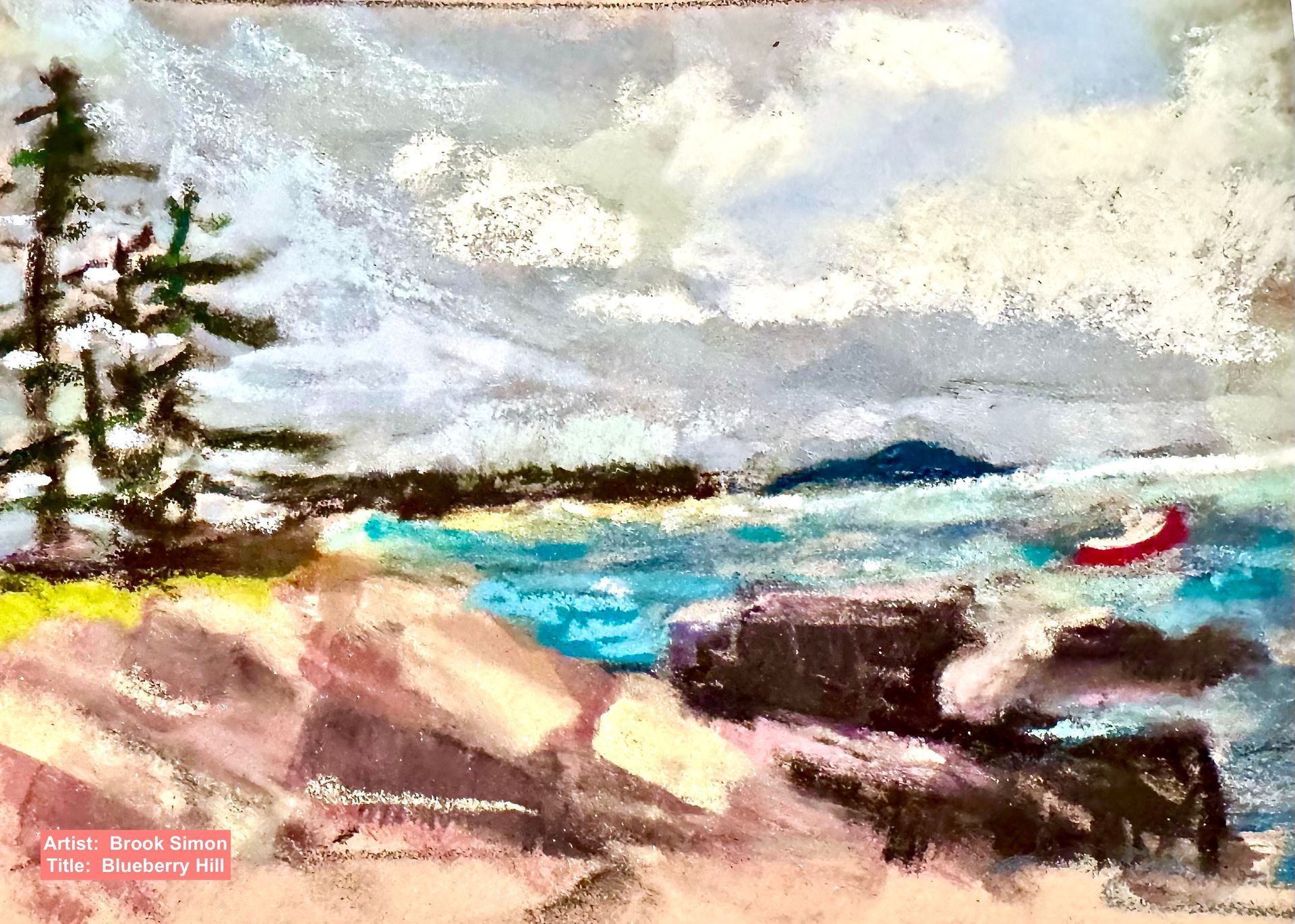 Seascape pastel painting with cloudy sky, water, rocks, trees, and a red canoe.