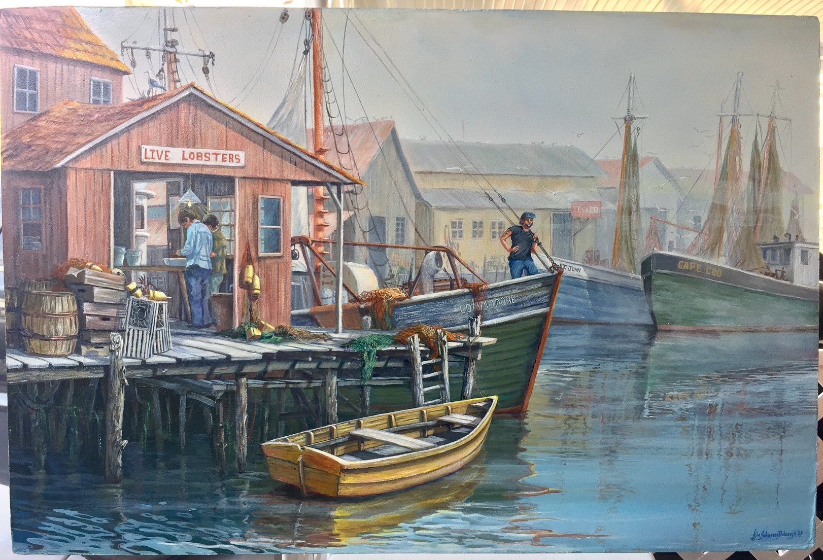 Harbor scene: lobster shack, boats, figures, old wooden dock, yellow rowboat, overcast sky.