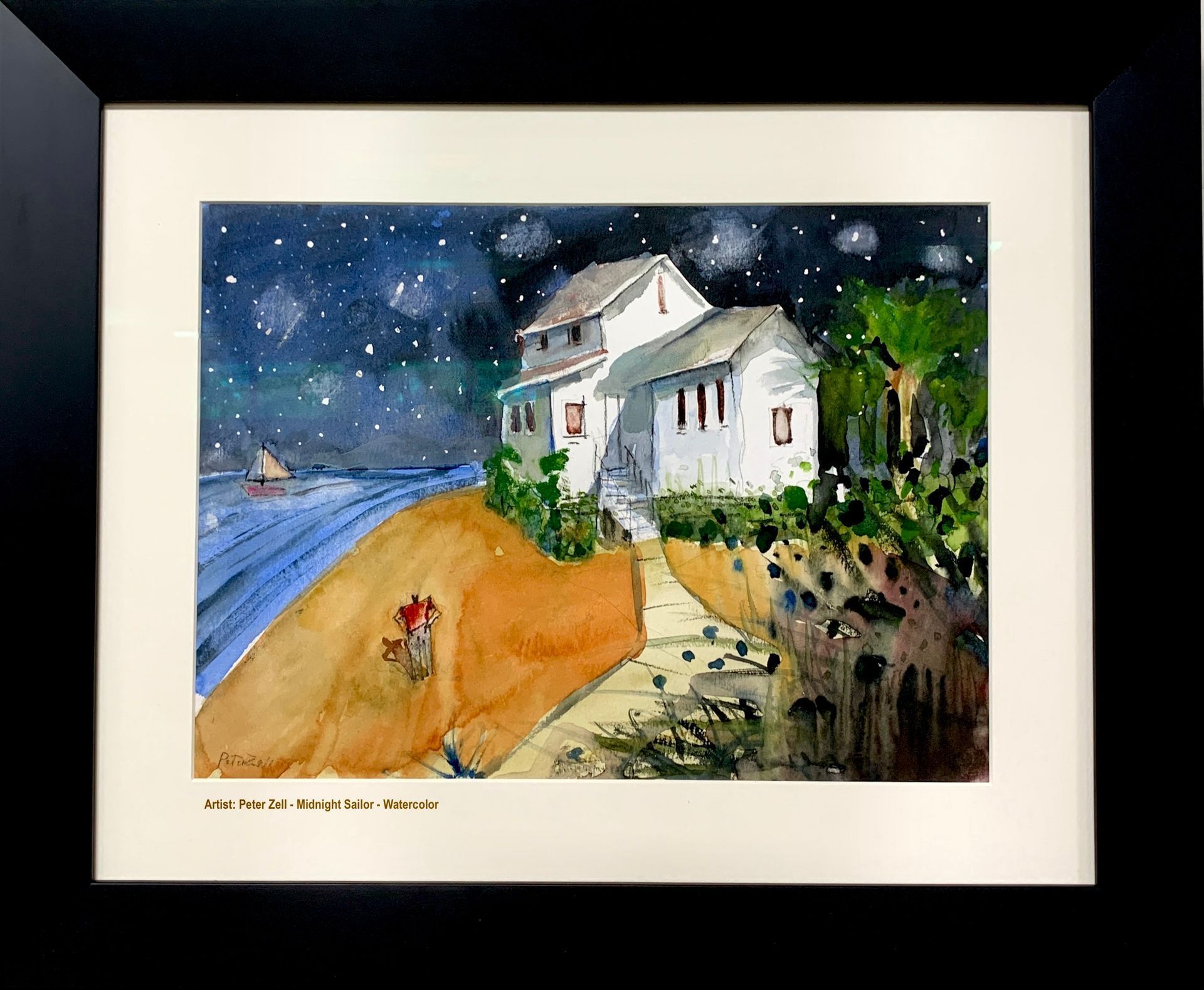 Watercolor painting of a white house under a starry night sky, overlooking the ocean.