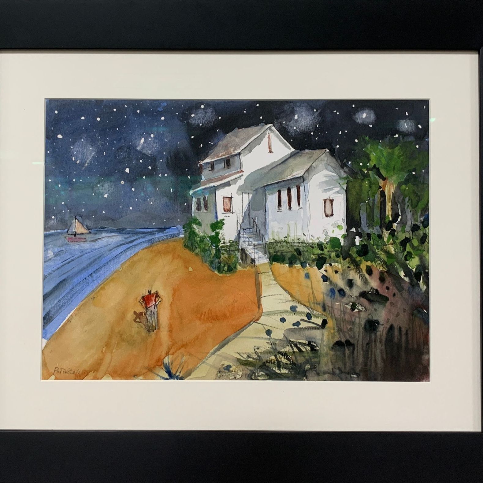 Watercolor of a white house on a cliff under a starry night sky, overlooking the ocean, a boat sails nearby.