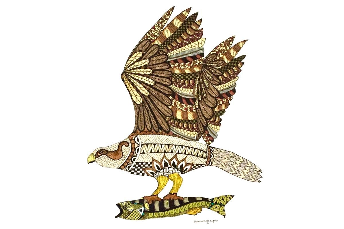 Eagle with outstretched wing carrying a fish; brown and gold details.