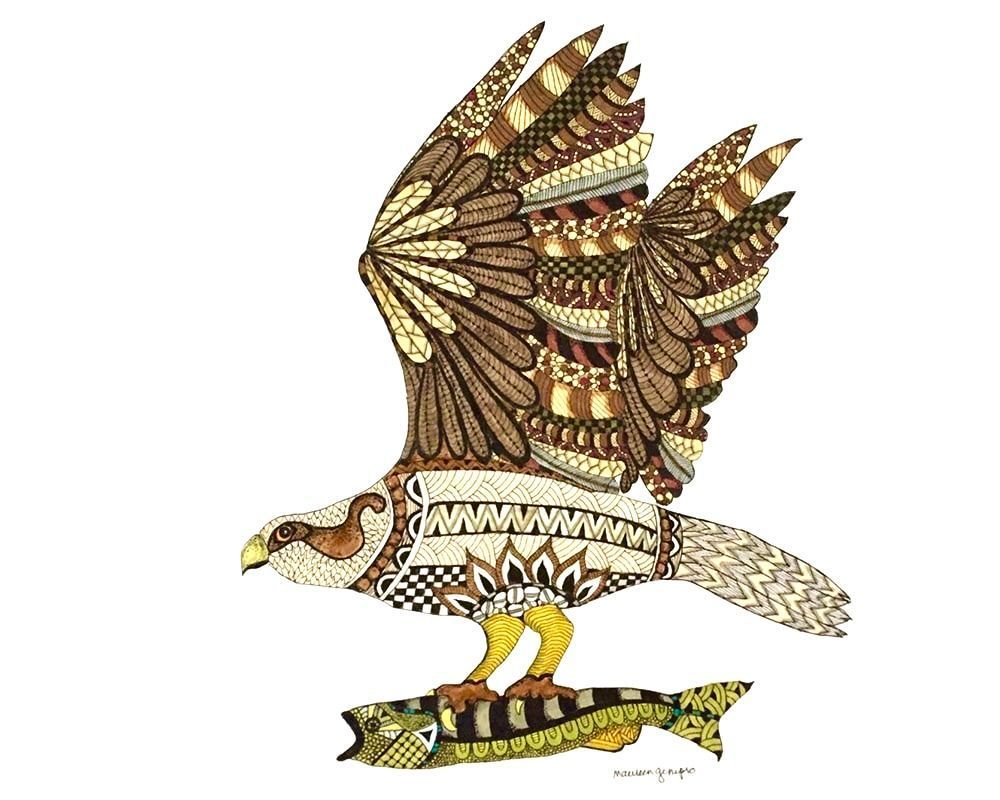 Decorated eagle with brown, cream, and gold patterns, carrying a fish; white background.
